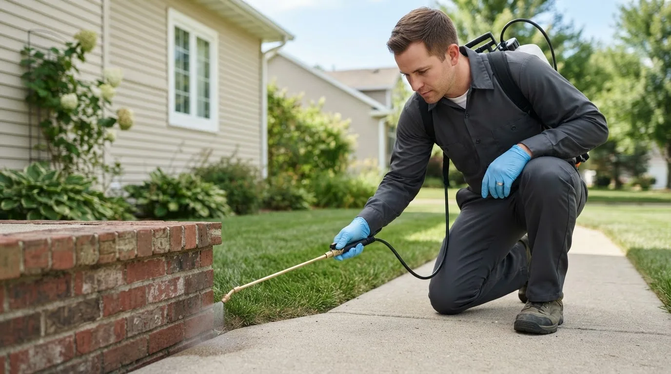 Pest control technician treating a home near Mcbrides, MI