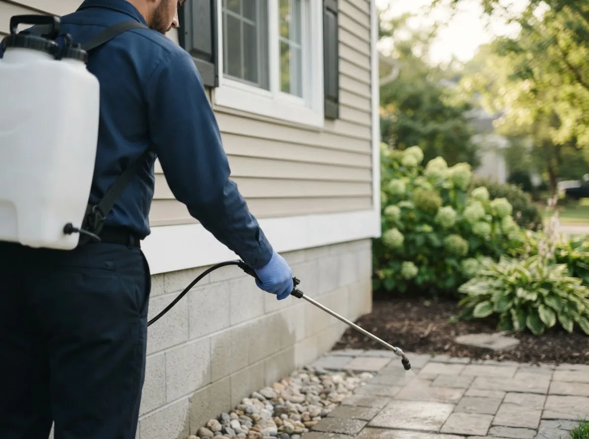 Pest control technician inspecting a home in Mcbrides, MI